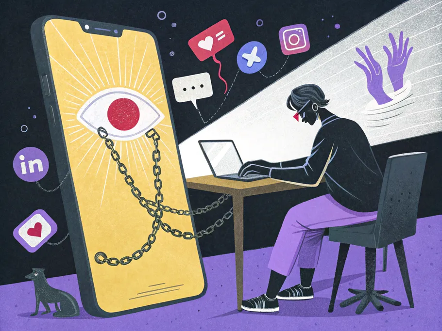 A surreal illustration of a person at a desk with a giant smartphone instead of a head, depicting digital control through notifications.