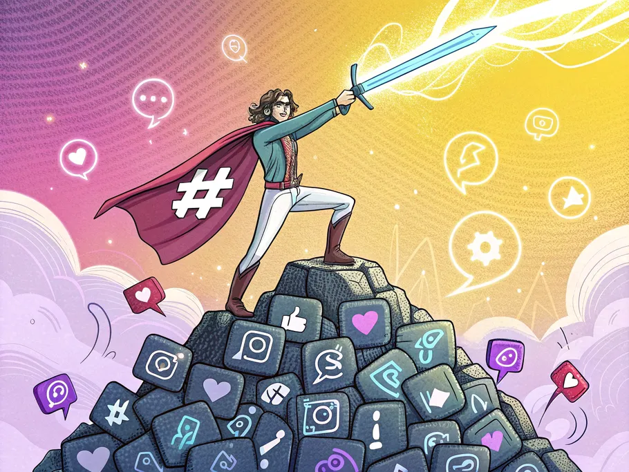 A confident social media warrior atop a mountain of glowing smartphones, wielding a sword made of hashtag symbols.