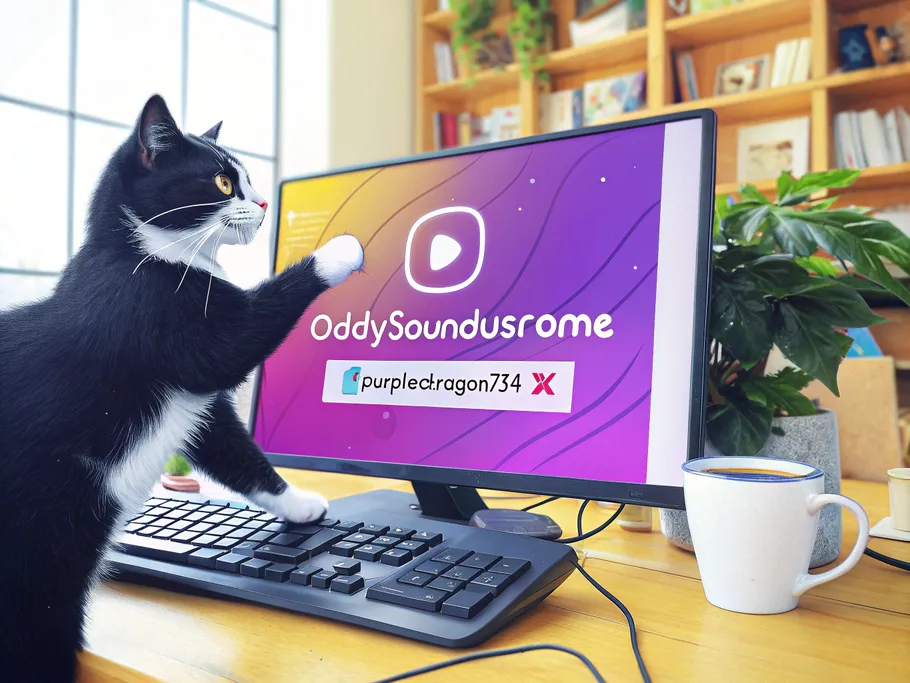 A mischievous cat playfully typing on a computer keyboard, displaying a fake Instagram profile with a nonsensical username.