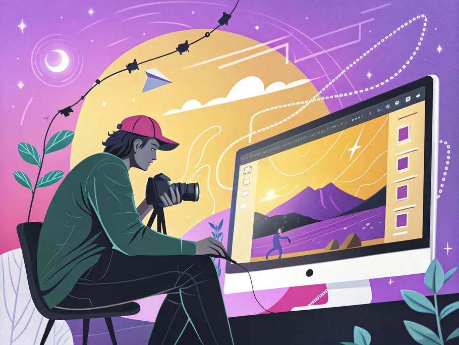 A creative individual working on photo editing software, surrounded by digital elements symbolizing the transformation of images.