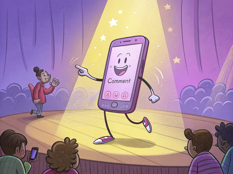 A whimsical smartphone tap dancing on stage with an audience looking amused.