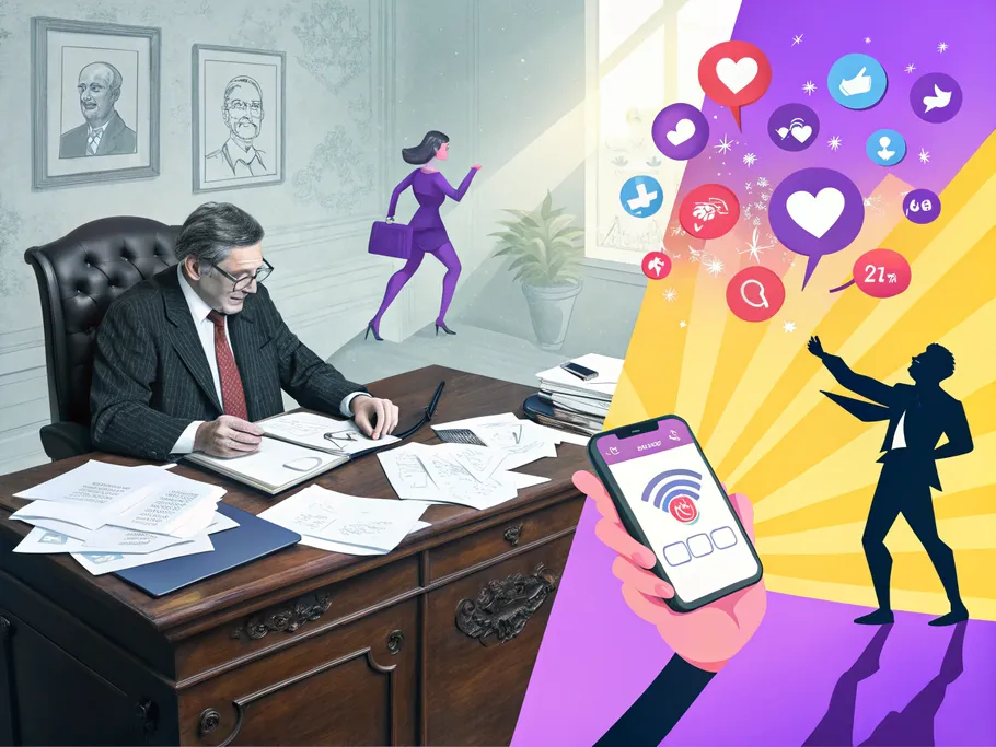 A split-screen image illustrating the transformation of a financial advisor from a traditional office environment to a vibrant Instagram engagement scene.