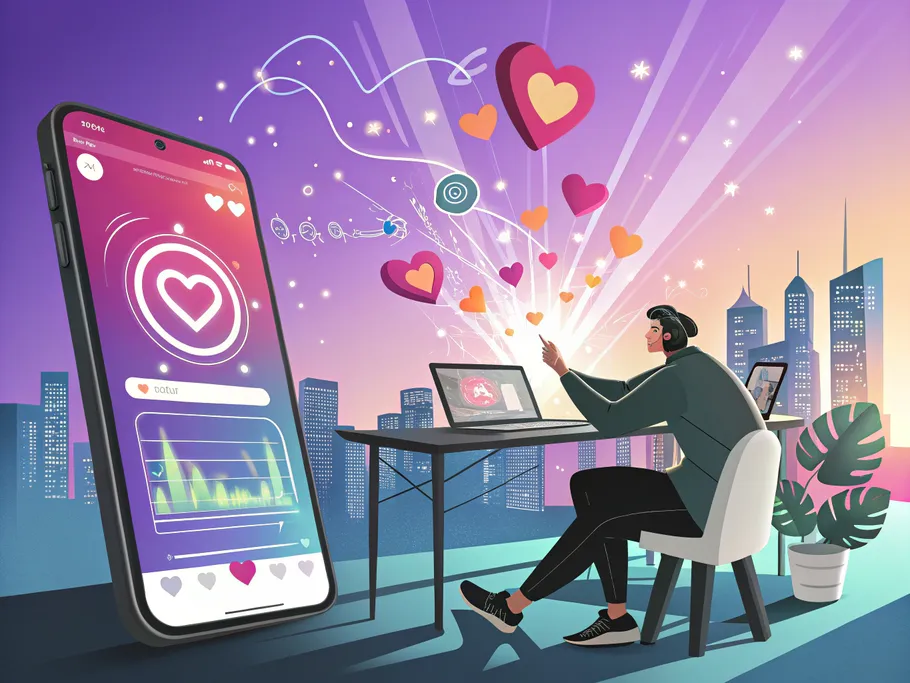 An illustration of a smartphone displaying Instagram engagement icons surrounded by a content creator at a desk.