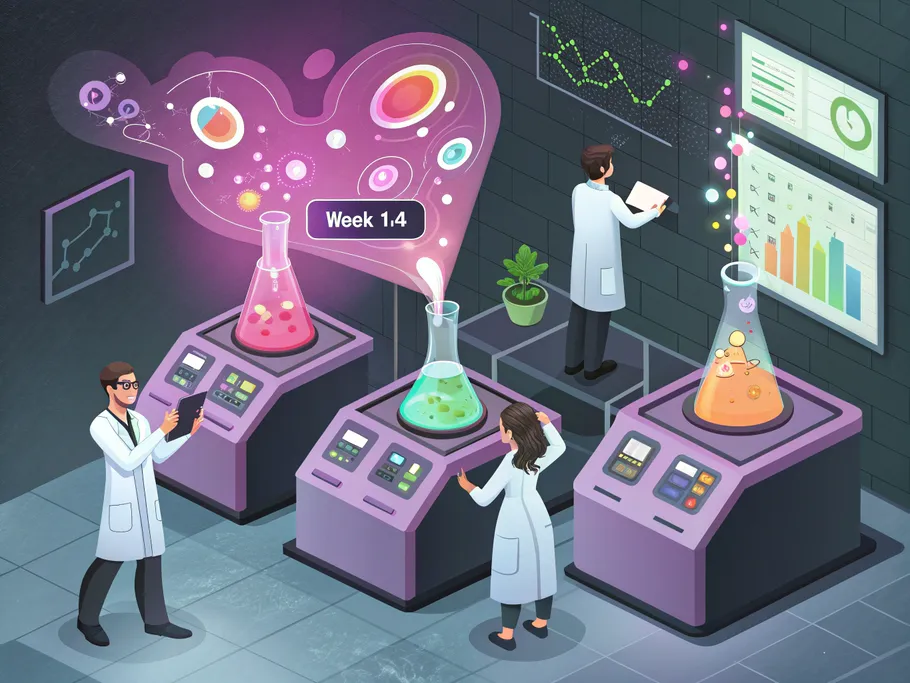 Dynamic isometric illustration of a modern laboratory with experiment stations labeled Week 1-4, featuring colorful beakers and a scientist analyzing Instagram analytics.