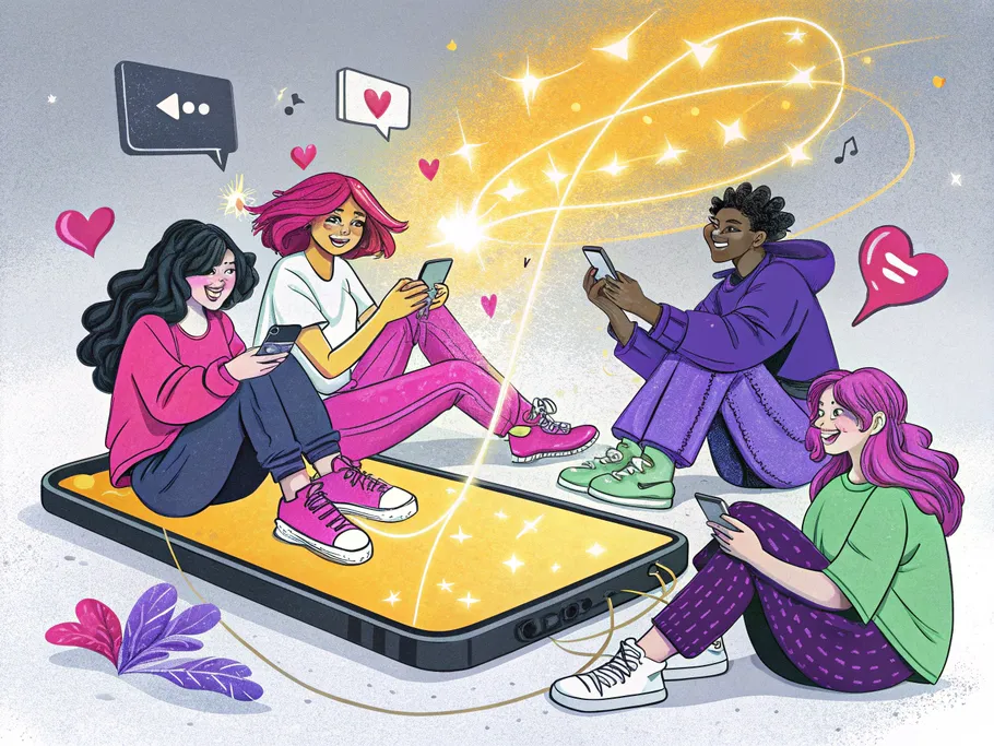 A vibrant illustration of diverse micro-influencers engaging around a smartphone, symbolizing modern influencer marketing dynamics.