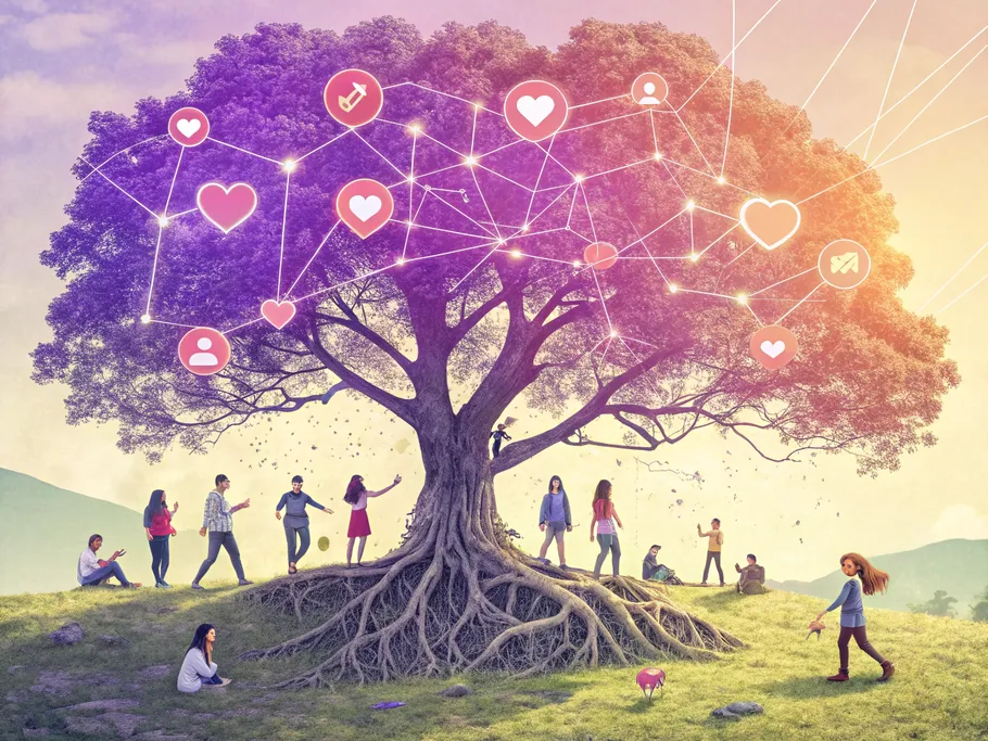 A vibrant digital tree symbolizing organic growth in social media, surrounded by diverse, happy people interacting.
