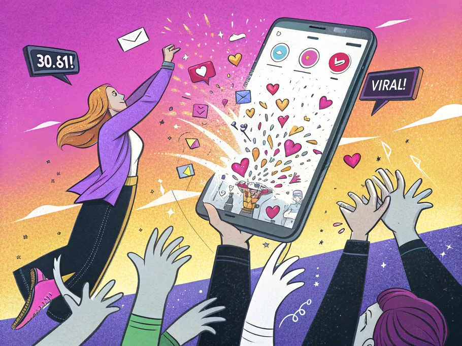 Dynamic comic-book style illustration of a smartphone bursting with colorful video content and engagement icons.
