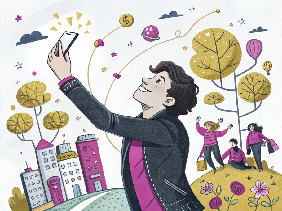 A person taking a selfie with a smartphone, surrounded by whimsical illustrations of brands, followers, and growth symbols.