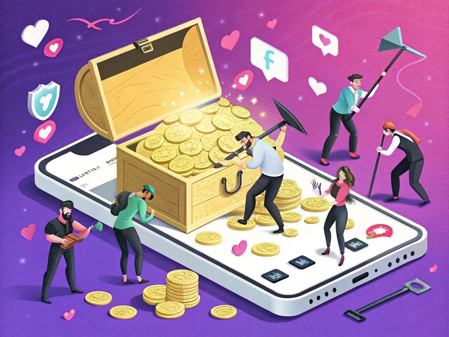 A vibrant illustration of a smartphone transformed into a treasure chest overflowing with coins and dollar bills while people dig around it.