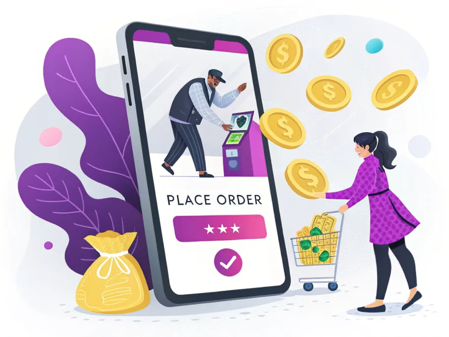 Illustration of a smartphone displaying an in-app checkout process with a shopper and digital currency flowing towards the 'Place Order' button.