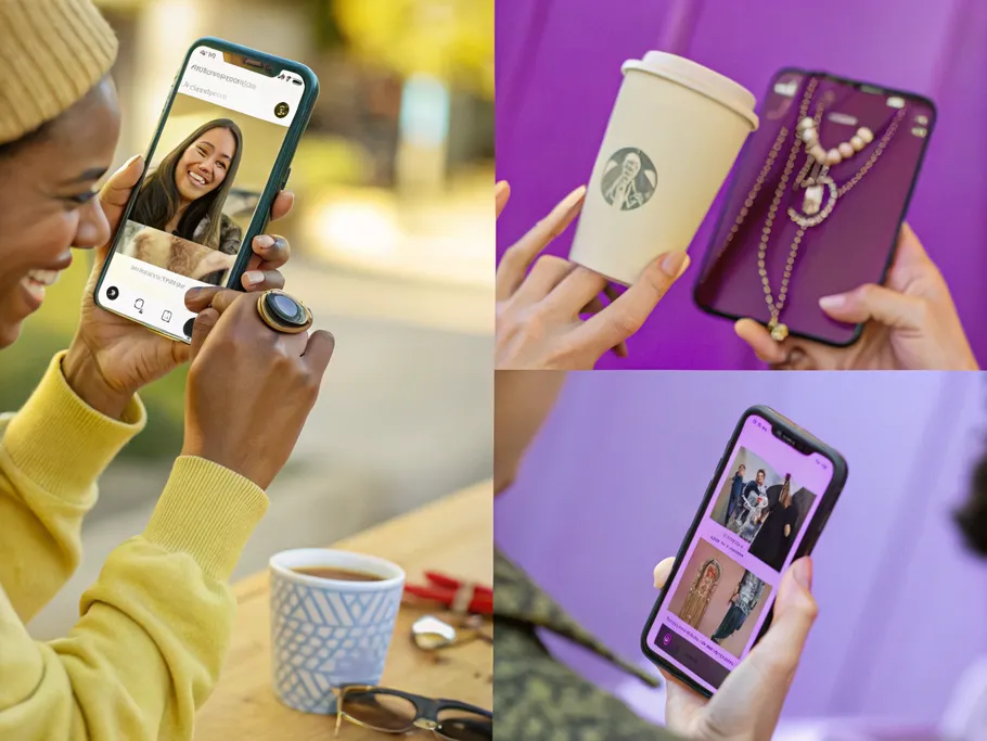 A vibrant collage of diverse hands holding smartphones with user-generated product images, highlighting community and authenticity.