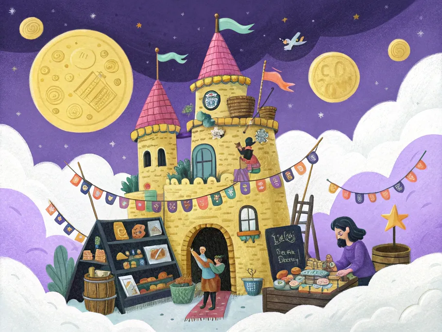 A whimsical, colorful castle made of crafts and vintage items floats above a vibrant digital marketplace.