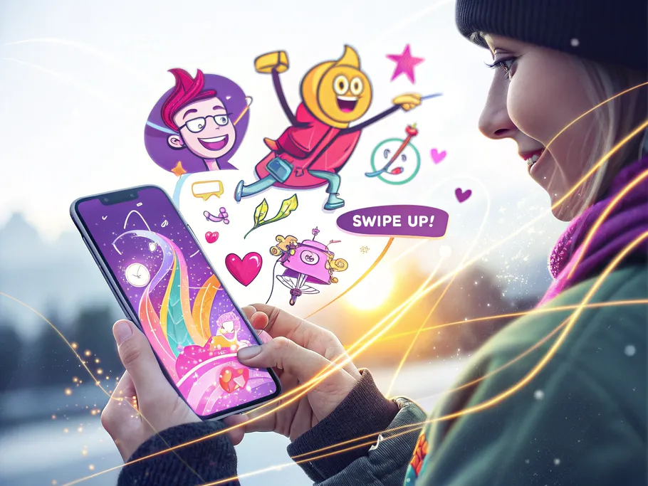 A close-up of a hand holding a smartphone displaying vibrant branded GIF stickers with call-to-action text against a blurred social media background.