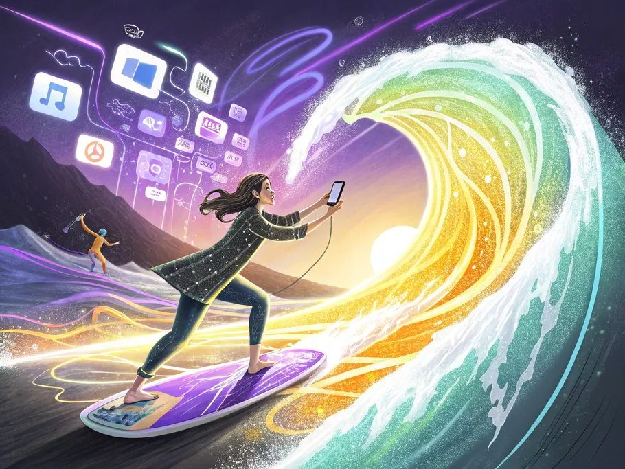 A modern content creator confidently surfing a glowing wave of digital data streams and social media icons, holding a smartphone projecting an optimized Instagram Reel.