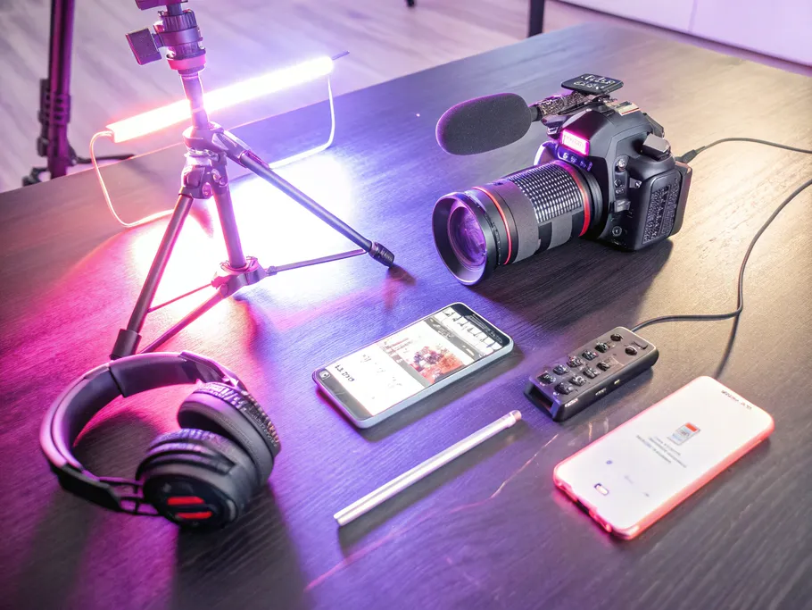 Essential content creation gear including a mirrorless camera, wireless microphone, headphones, and smartphone on a black wooden desk.