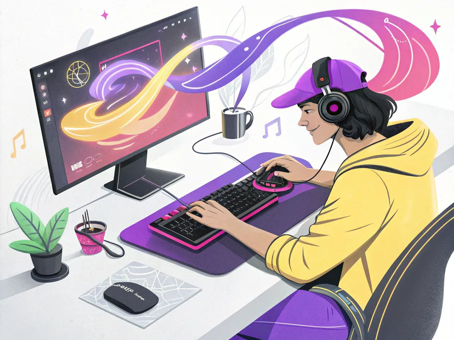 A digital artist focused on a modern workspace with ergonomic peripherals and a vibrant monitor.