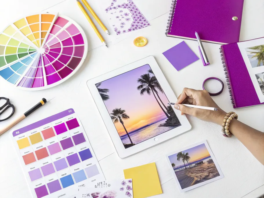 An artistic flat-lay photograph of a designer's workspace featuring a color palette board, paint swatches, and a tablet displaying an Instagram grid layout.