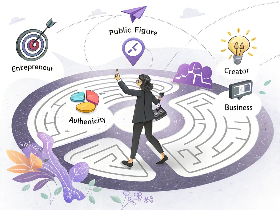 A whimsical isometric illustration of a person navigating a circular maze made of Instagram category labels, holding a compass pointing toward 'Authenticity'.