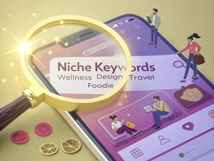 A glowing magnifying glass over an Instagram bio on a smartphone, highlighting niche keywords such as Wellness, Design, Travel, and Foodie.