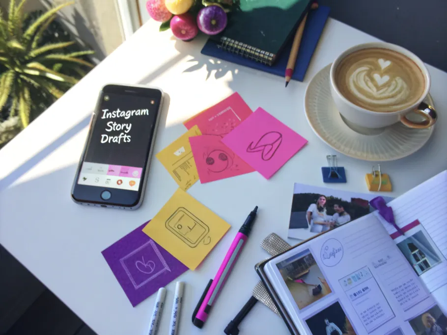 An organized flat-lay of a white desk featuring an iPhone displaying Instagram story drafts, coffee, sticky notes, and design tools.