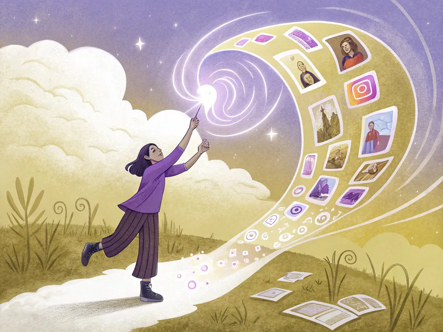 A human hand reaching into a cloud of Instagram story thumbnails, pulling out a glowing Highlight circle.