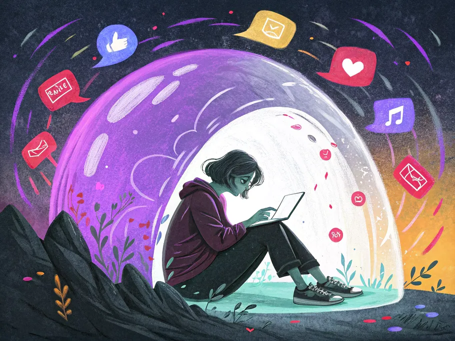A person sitting calmly inside a glowing protective bubble, surrounded by chaotic social media icons and notifications.