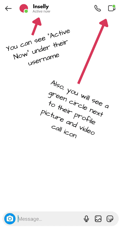 An image showing the "Active Now" status in an Instagram DM