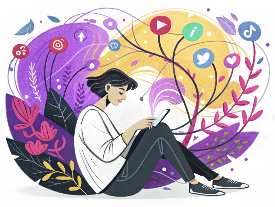 A person calmly interacting with a smartphone amidst a colorful digital jungle of social media icons.