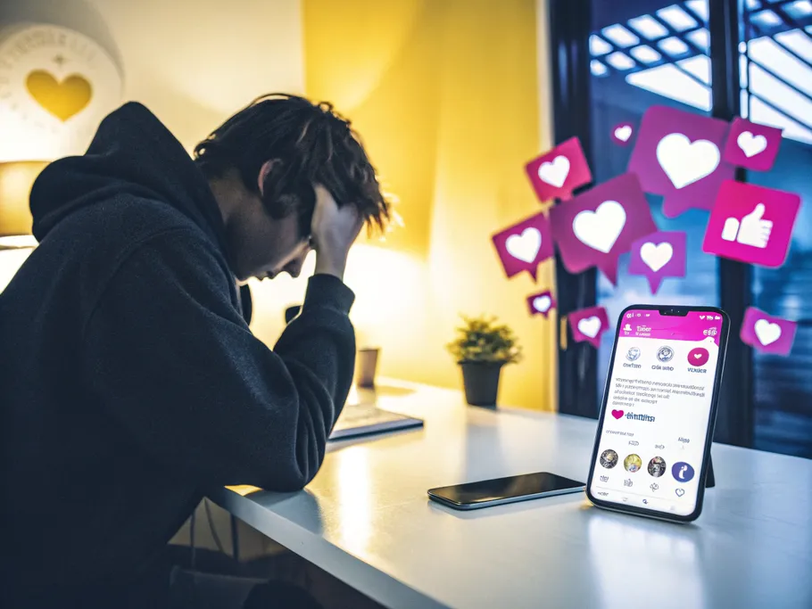 A person looking frustrated at a desk with a smartphone displaying an Instagram post without engagement metrics.