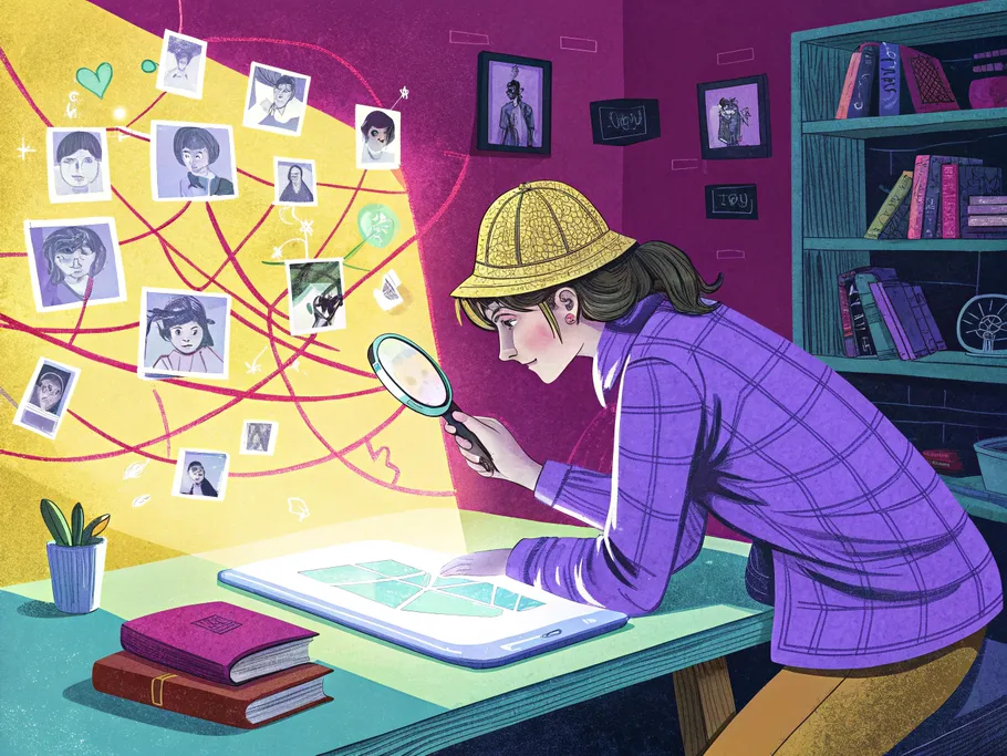 A whimsical illustration of a person in a deerstalker hat examining a smartphone with holographic social media icons.