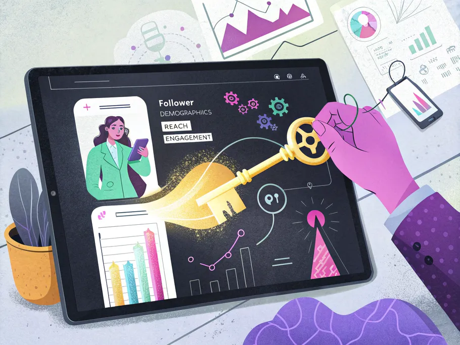 A hand holding a glowing key about to unlock a digital tablet displaying Instagram analytics.