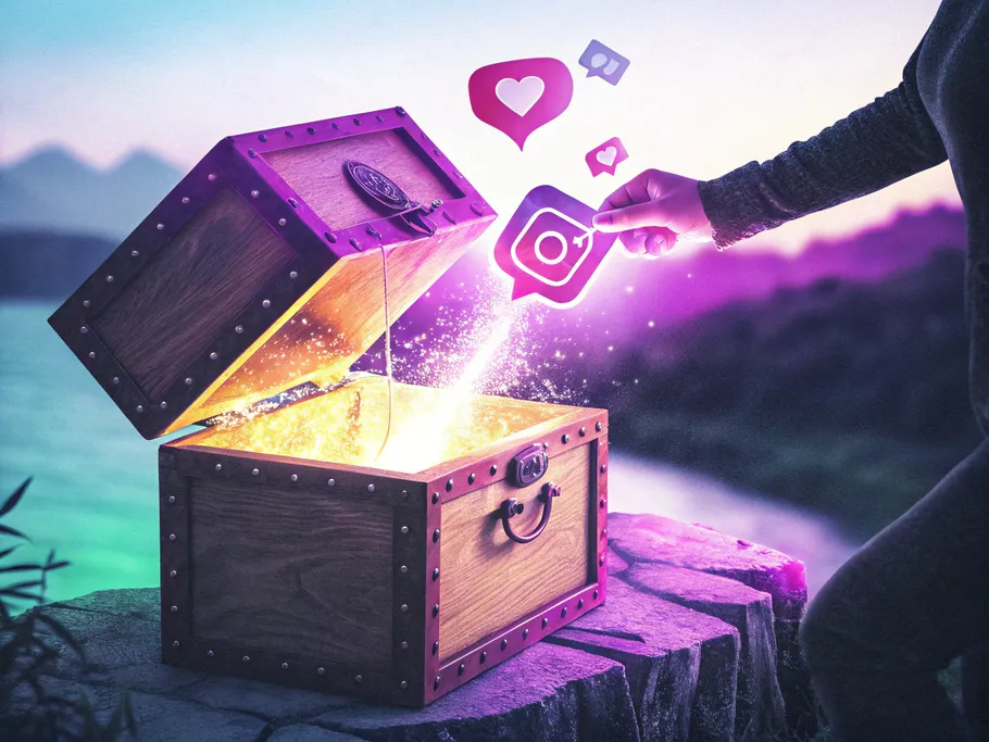 A magical treasure chest illuminated by warm light, with a hand retrieving a glowing Instagram message bubble.