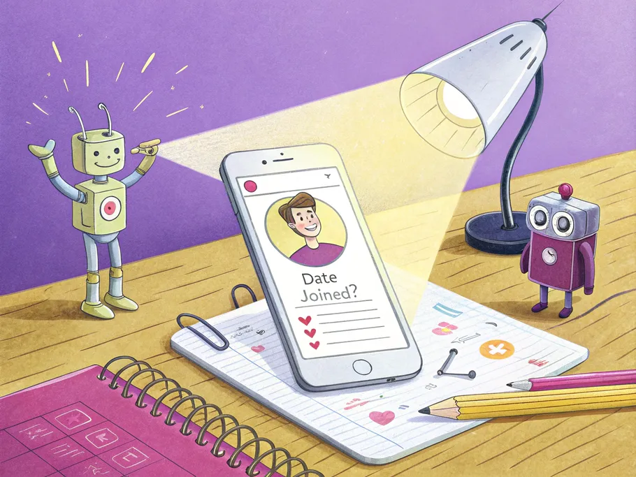 A whimsical illustration of a smartphone displaying an Instagram profile, surrounded by oversized detective tools and friendly robots.