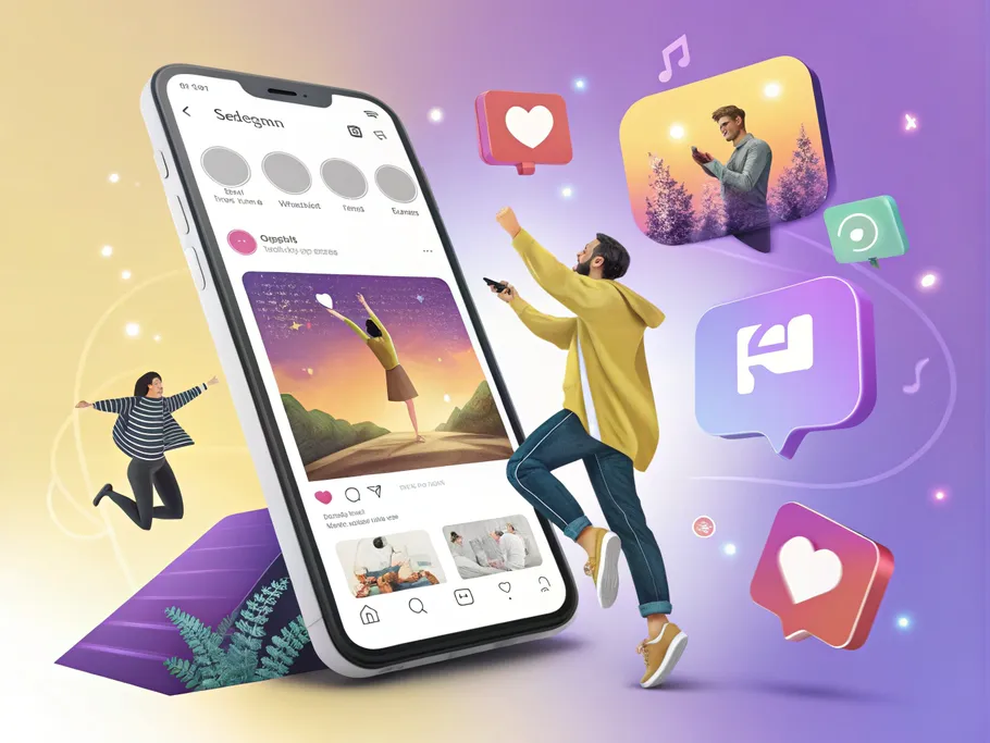 A smartphone displaying an Instagram carousel post surrounded by glowing question marks and thought bubbles, representing anonymous engagement.