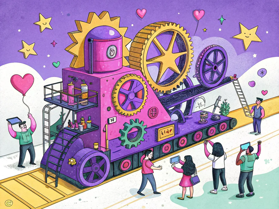 A vibrant, pop-art illustration of a cotton candy-colored marketing machine processing content.