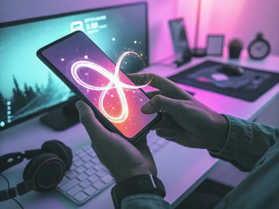 A close-up image of a hand holding a smartphone with a glowing infinity symbol displayed on the screen.