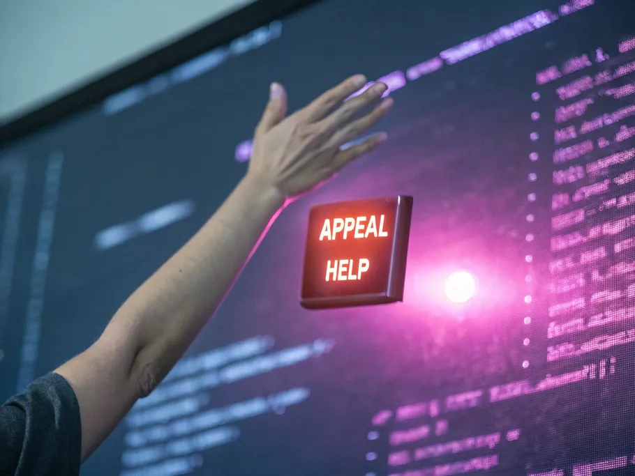 A human hand reaching out toward a glowing 'Appeal' button in a dark digital background, symbolizing hope in recovering an Instagram account.