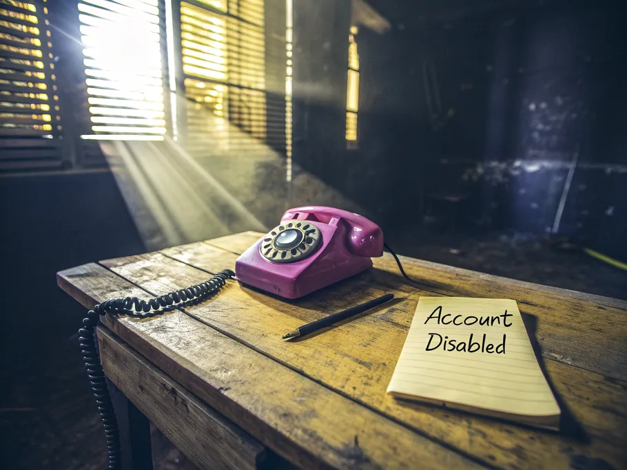 A vintage rotary phone on a table with a note reading 'Account Disabled', symbolizing communication breakdown.