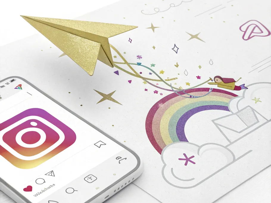A glowing paper airplane launching from a smartphone displaying the Instagram app.