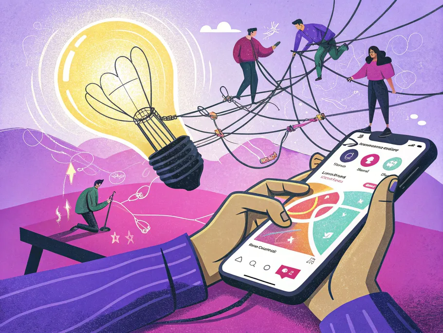 An illustration depicting digital frustration with Instagram tagging issues, featuring a smartphone and a glowing lightbulb.