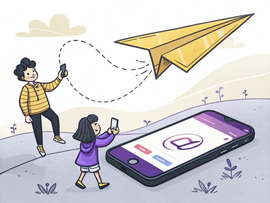 A whimsical illustration of a glowing paper airplane soaring from a smartphone displaying a Threads post to another smartphone creating an Instagram Story.