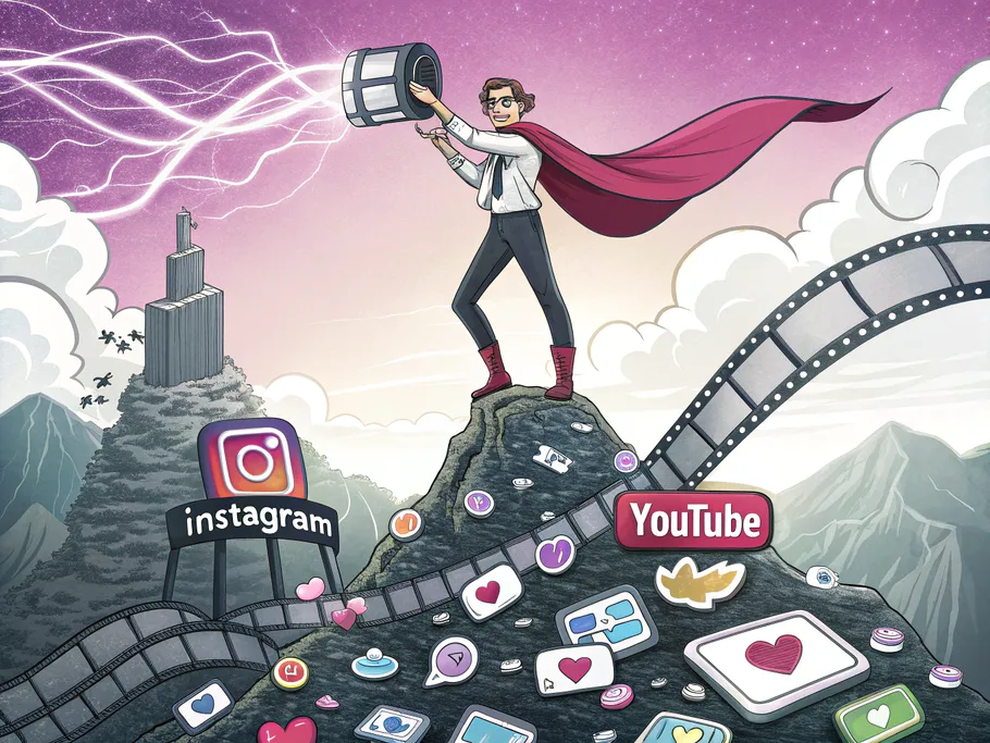 A confident content creator stands atop a mountain made of smartphones, holding a glowing reel of film directing engagement toward Instagram and YouTube.