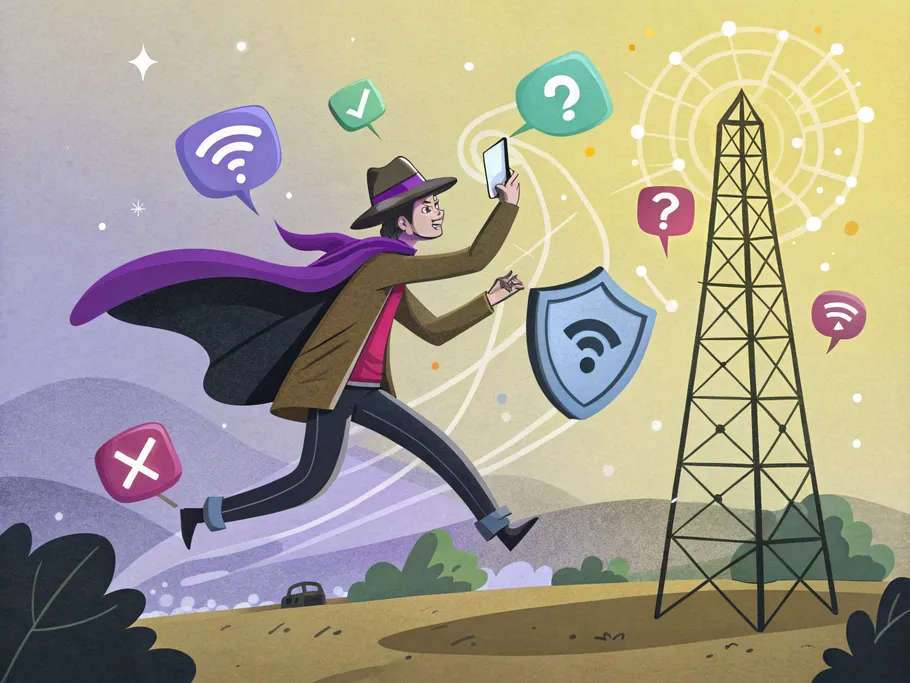 A cartoon character in a detective hat and cape jumps between network icons representing WiFi, mobile data, and VPN, evading tracking by Instagram's confused algorithm robot.