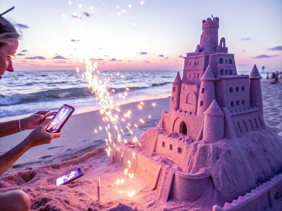 A surreal sandcastle made of glowing smartphone screens showcasing Instagram Stories, with waves approaching on a beach at sunset.
