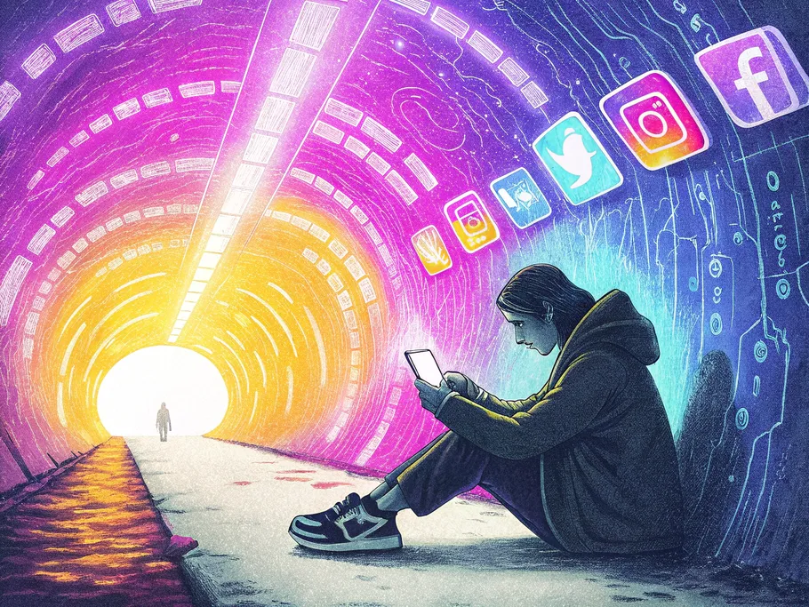 A person sitting cross-legged, using a smartphone with social media icons in a binary code tunnel.