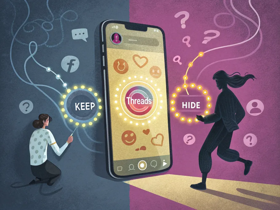 Stylized illustration of a smartphone displaying an Instagram profile with a Threads badge, surrounded by question marks and thought bubbles.