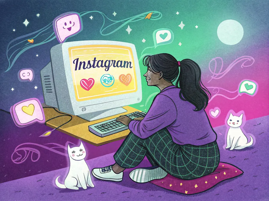 A colorful illustration of a person sitting in front of a vintage computer, surrounded by digital elements related to Instagram bios.