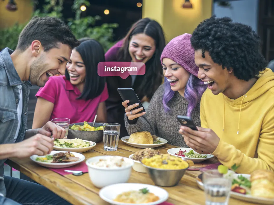 A diverse group of food enthusiasts laughing and engaging over a rustic wooden table filled with homemade dishes, highlighting food and community.