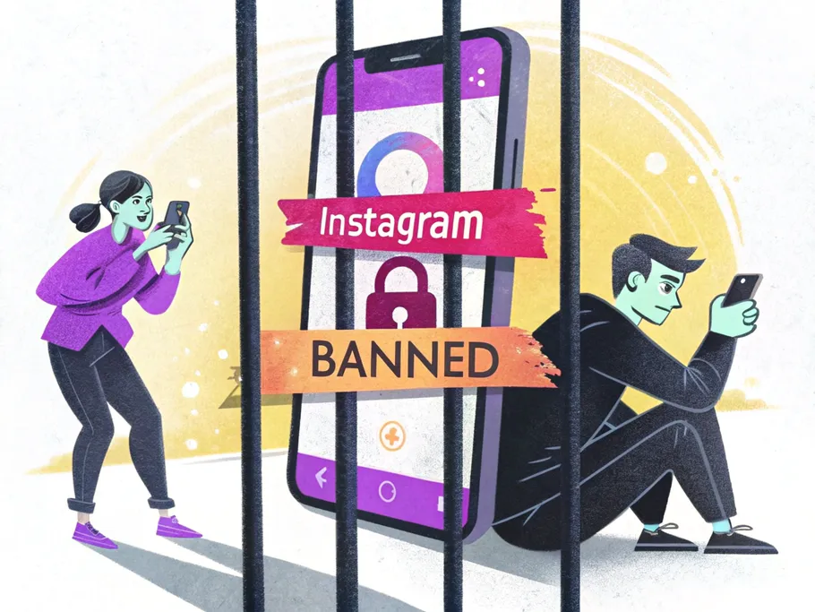 Illustration of a smartphone trapped behind digital bars with a 'BANNED' stamp.