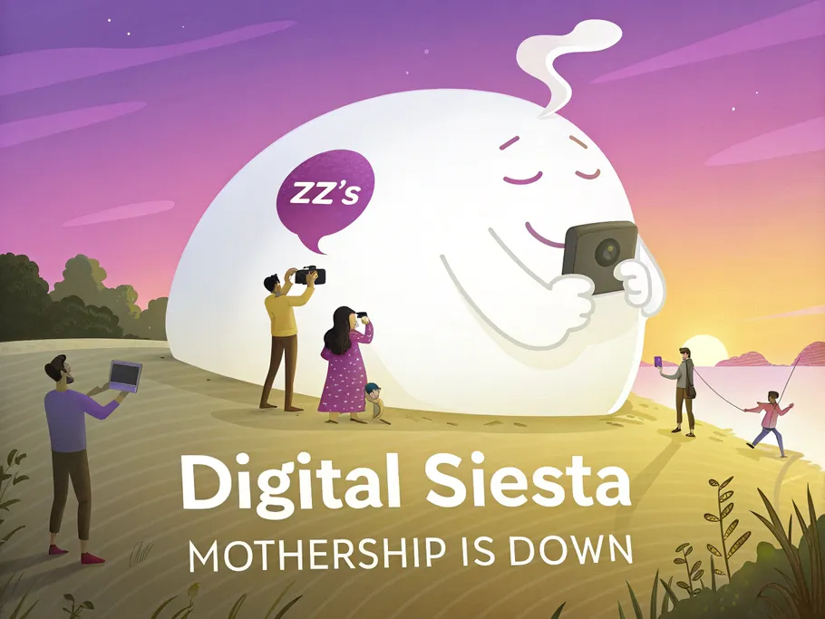 A whimsical illustration of a giant Instagram logo personified as a sleeping giant on a digital cloud, while confused users look on.